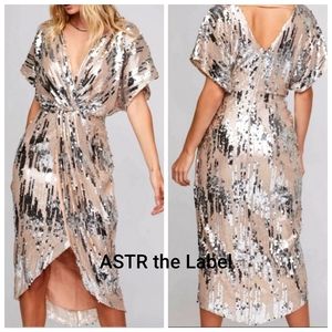 Nwot ASTR the Label Tan/Silver Sequin Shortsleeve Paloma  Midi Cocktail Dress